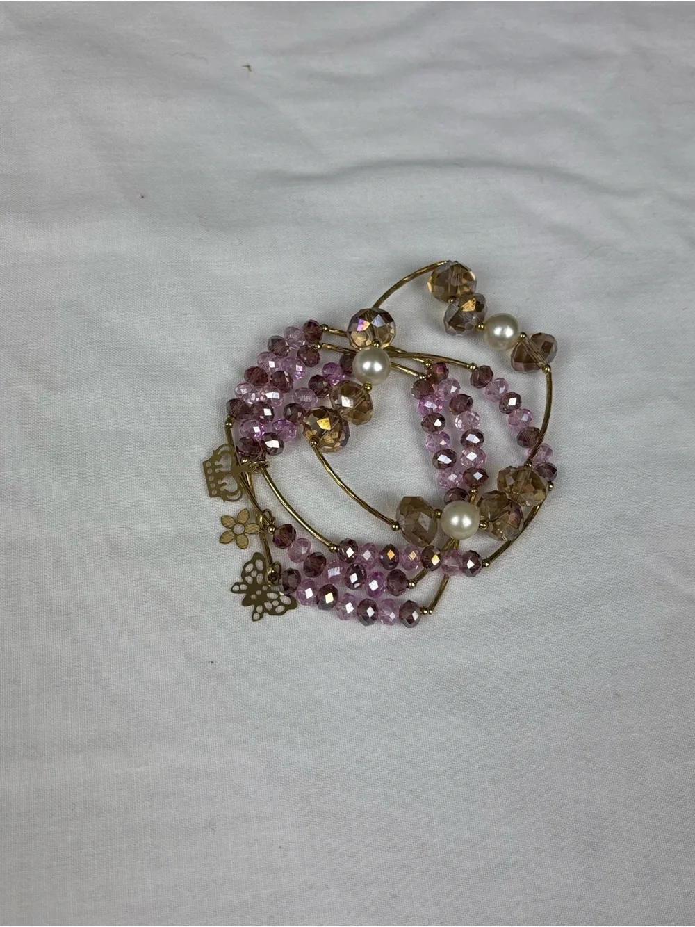 Gold-Tone Pink Beaded Multi-Strand Bracelet with Pearl Accents